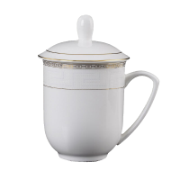 顺心优 陶瓷骨瓷带手柄办公茶杯暗纹金边茶杯 350ml/个