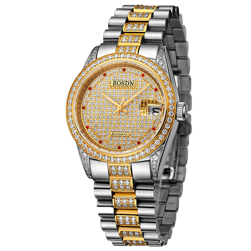 劳士顿(ROSDN)正品满天星手表情侣学生自动机械表时尚商务男表镶钻金表女表2009GL