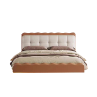 法式复古奶油风主卧室现代简约波浪双人床1.8米家用带灯悬浮床皮艺床