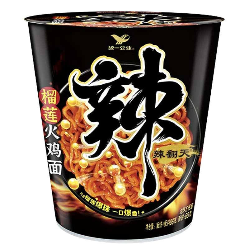 统一辣翻天榴莲火鸡面韩式方便面泡面夜宵速食拌面 *6杯整箱装