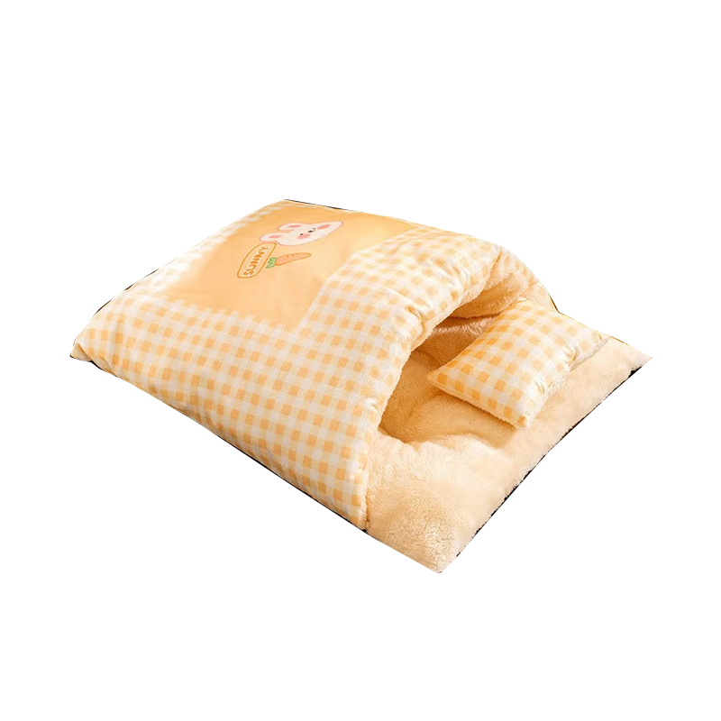 嬉皮狗秋冬季狗狗圆耳朵保暖拖鞋狗窝猫咪加厚宠物窝封闭式猫窝用品 黄色小兔(送枕头) XL