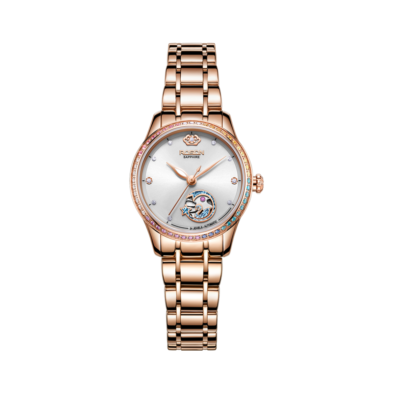 劳士顿(ROSDN)手表女蝴蝶双表扣自动机械表女士时尚商务镂空彩虹石镶钻防水钢带潮流女表2653L