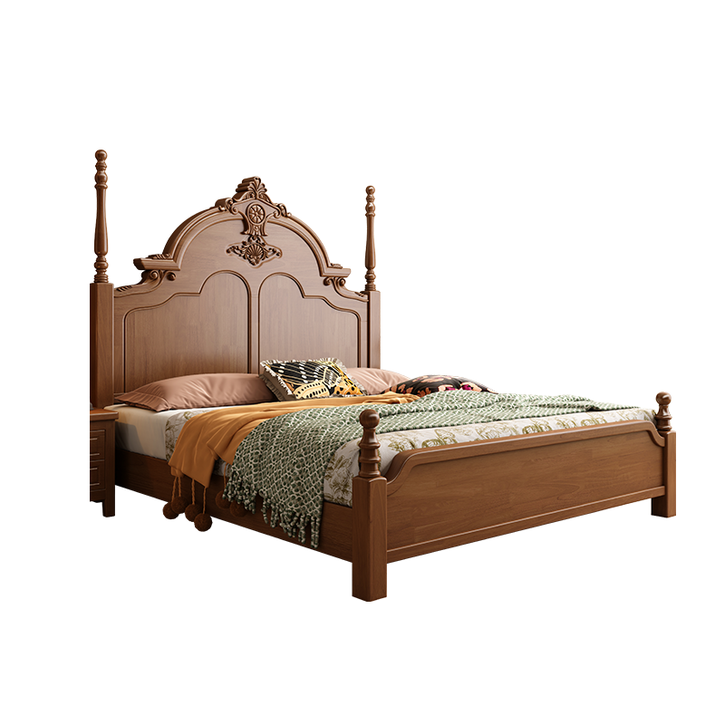 法式复古实木床胡桃色软靠1.5米单人床1.8双人主卧室豪华大床储物