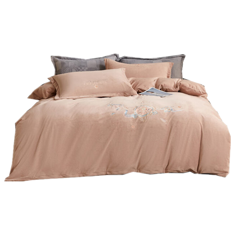恒源祥TBK2067绣花牛奶绒四件套(棕)200*230cm
