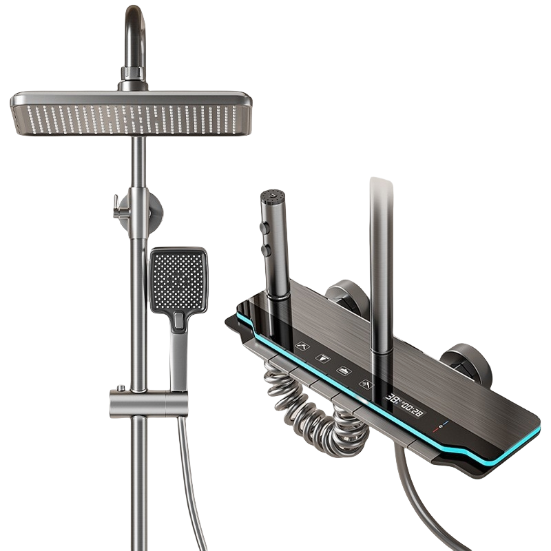 汉德斯科家用淋浴花洒套装水镀拉丝枪灰色增压恒温数显氛围灯淋雨淋浴器淋浴套装多出水卫生间