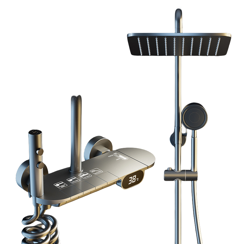汉德斯科卫浴枪灰淋浴花洒套装组合全铜主体带喷枪可旋转升降家用淋雨手持喷头淋浴器洗澡空气增压304不锈钢顶喷多出水暗装花洒