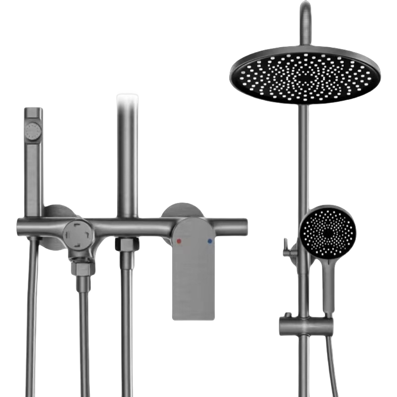汉德斯科卫浴花洒淋浴淋雨花洒套装组合水镀枪灰拉丝全铜主体带喷枪下出水可升降家用淋雨手持喷头淋浴器洗澡空气增压顶喷暗装花洒