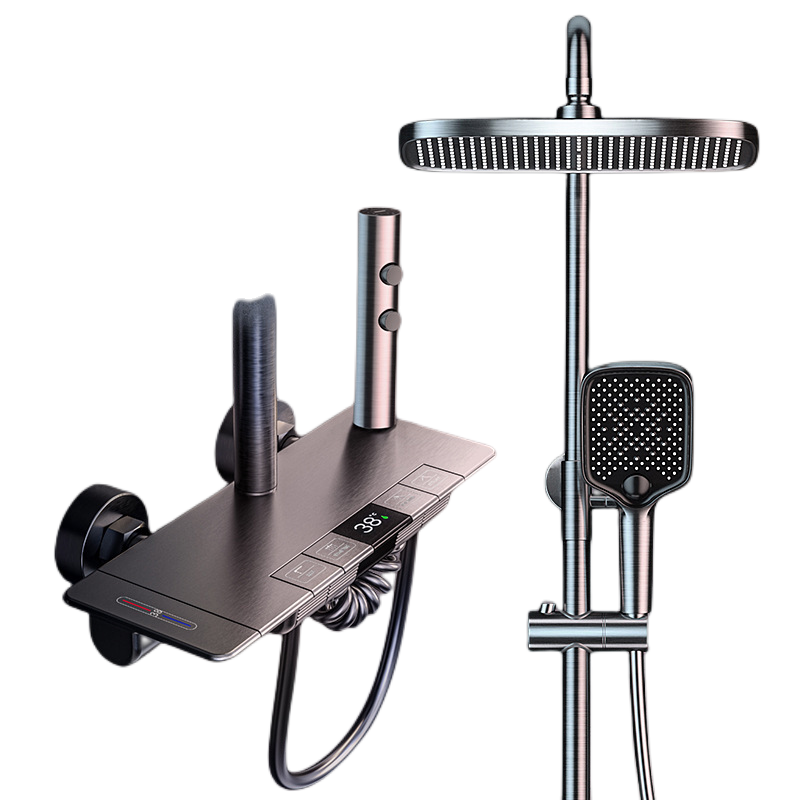 汉德斯科卫浴水镀枪灰恒温淋浴花洒套装组合全铜主体带喷枪可旋转升降家用淋雨手持喷头淋浴器洗澡空气增压多出水单把双控