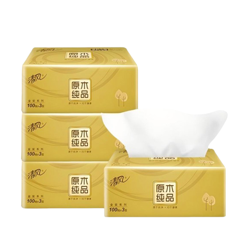 清风抽纸3层100抽*4包可湿水原木金装AR42GZZ1-1