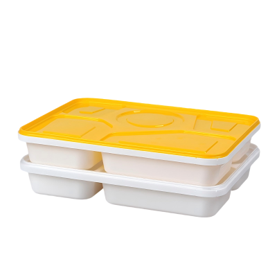 吾梓 一次性五格餐盒 白底黄盖打包饭盒 1500ml*100个/箱