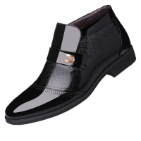 迪罗尼卡皮鞋男款商务正装软皮漆皮高帮英伦风加绒保暖切尔西短靴子