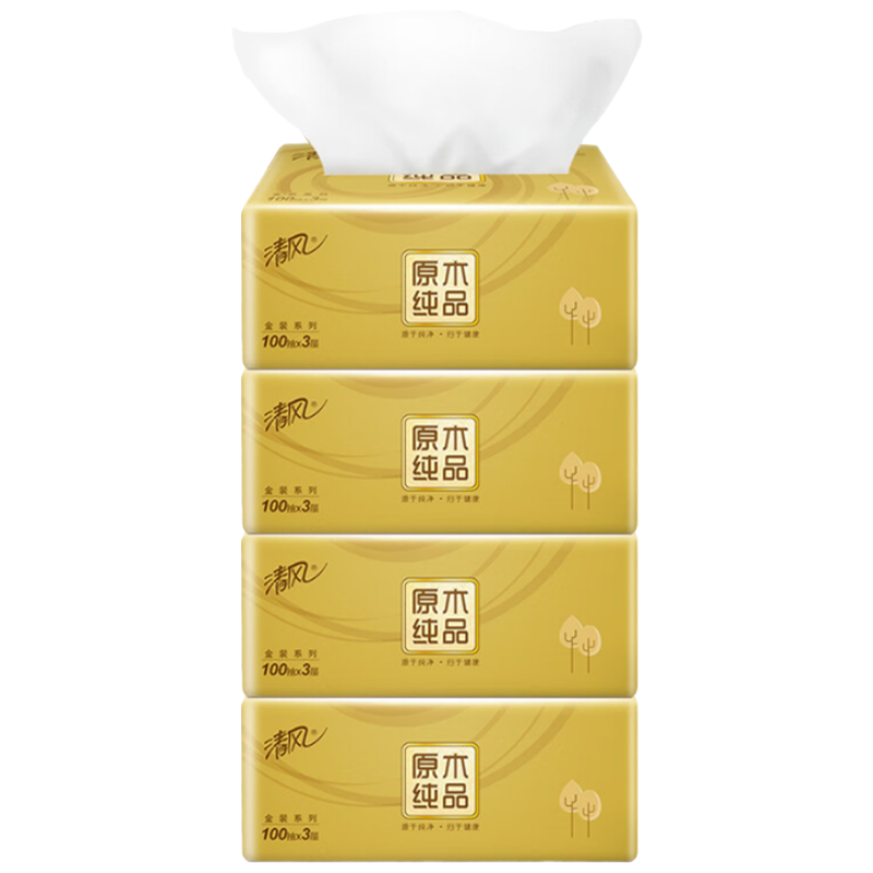苏宁宜品三层无香原生木浆软包抽纸中规格四包四百抽
