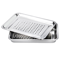 304不锈钢茶盘加厚托盘家用沥水盘茶台长方形漏水茶具套装 304方盘27X21X4.8深盘+漏水浅盘 套装