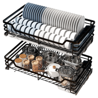 拉篮厨房橱柜双层调味碗碟柜内实心不锈钢收纳碗架抽屉式碗篮