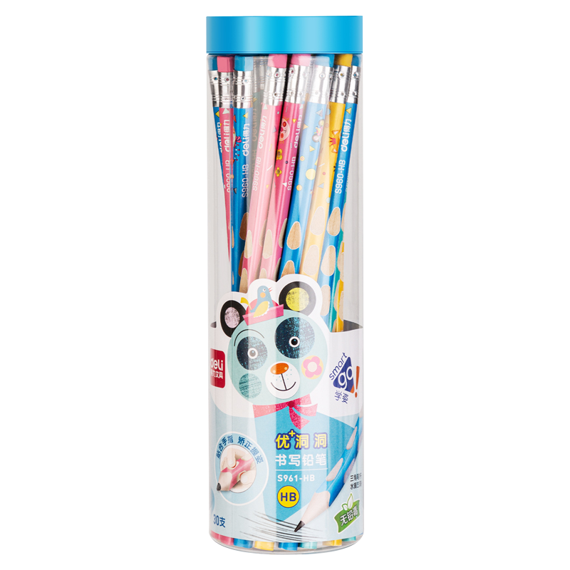 得力S961-HB 30支PET桶装卡通洞洞HB铅笔(混)(30支/桶)