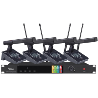 润普Runpu会议音频扩声系统 真分集+UHF桌面式方杆专业无线一拖四红外对频鹅颈麦克风话筒RP-SU104F