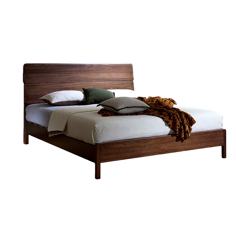 青木川 简约现代中式胡桃木全实木床1.8米双人床1.5米x2m主卧室房间小户型家用休闲成人结婚榫卯床架床铺