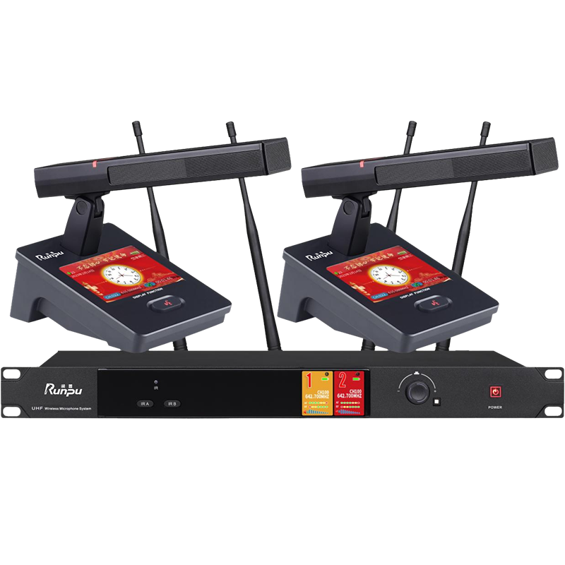 润普Runpu会议音频扩声系统 真分集+UHF桌面式方杆专业无线一拖二红外对频鹅颈麦克风话筒RP-SU102FG