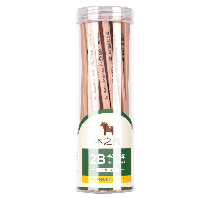 得力33648-2B_30支PET桶装原木三角杆2B铅笔 30支/桶