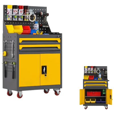 戴劲工具车移动维修收纳柜工具架多功能工具箱五金工具柜灰黄二抽带网