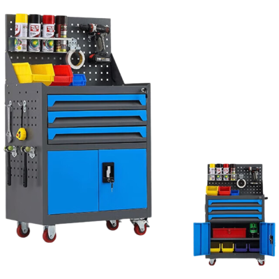 锦北工具车移动维修收纳柜工具架多功能工具箱五金工具柜灰蓝三抽带网