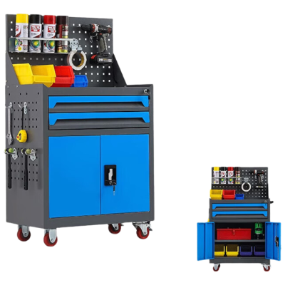 锦北工具车移动维修收纳柜工具架多功能工具箱五金工具柜灰蓝二抽带网