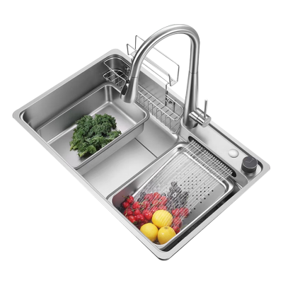 欧琳水槽9151/9152/9153银色SUS304不锈钢水槽大单槽飞雨瀑布厨房水槽洗菜盆一体盆纳米单槽