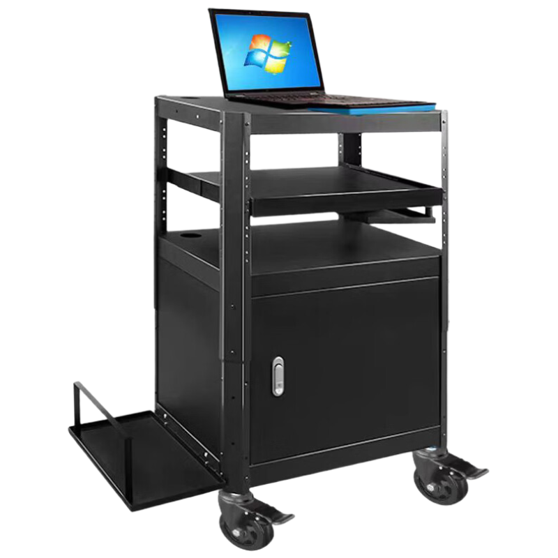 锦北电脑设备架推车机房培训检测车打印机移动工作台黑色带柜带托盘