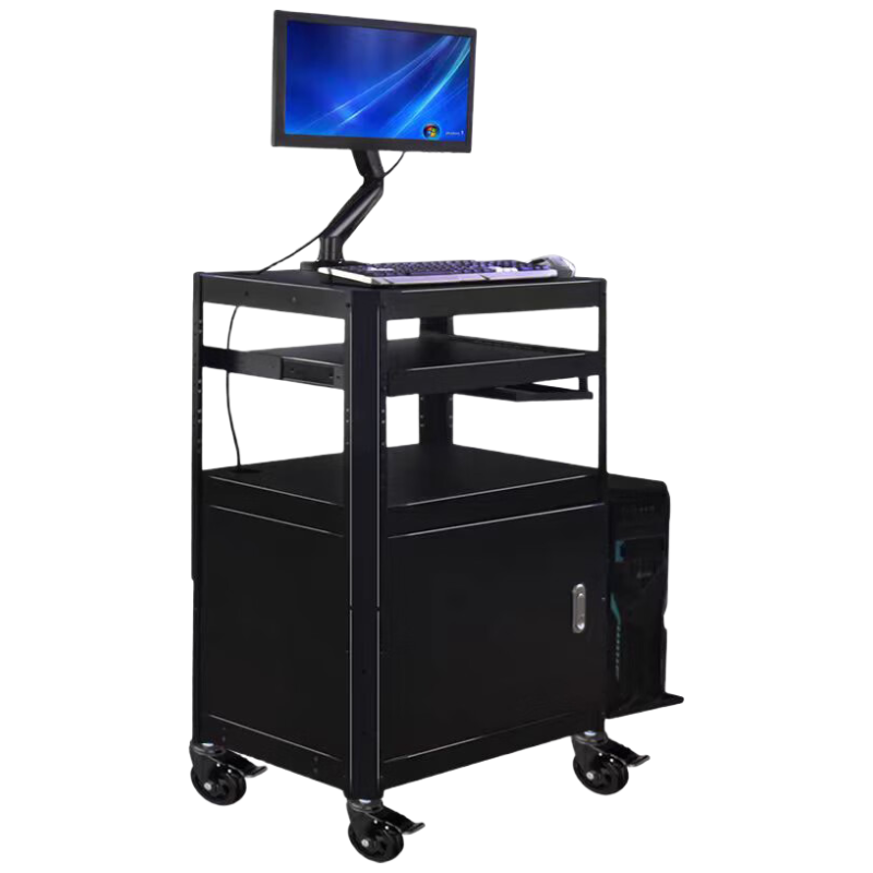 戴劲电脑设备推车检测车打印机移动工作台黑色带柜带托盘+显示器支架