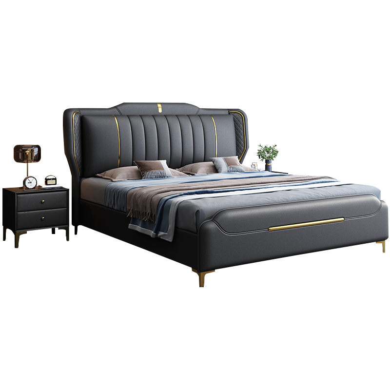 意式真皮床轻奢现代简约主卧室双人床小户型储物床家用软包大婚床