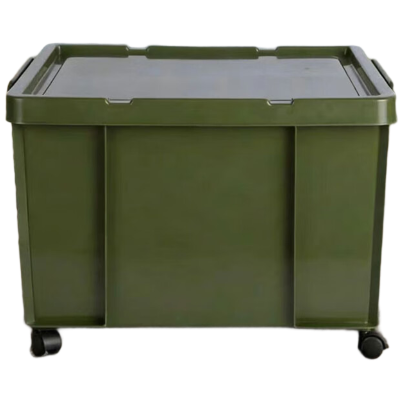 戴劲塑料储物箱加厚收纳箱塑料整理箱带盖新军绿色带轮615*425*345mm