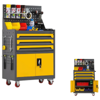 锦北工具车移动维修收纳柜工具架多功能工具箱五金工具柜灰黄三抽带网