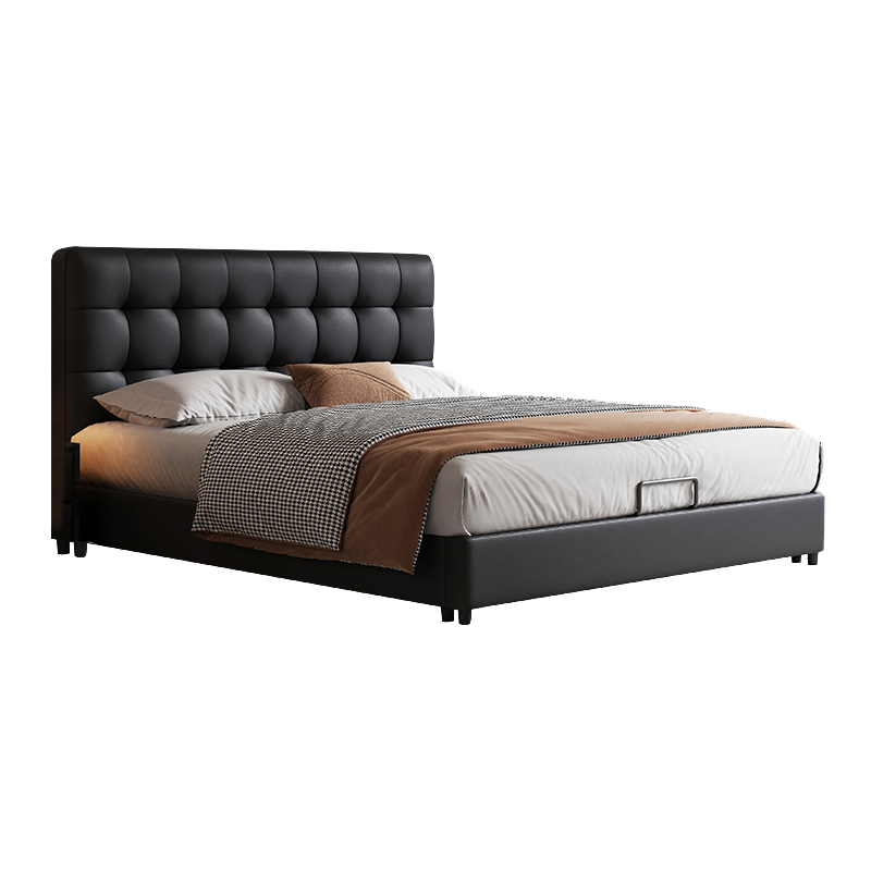 意式真皮床轻奢现代简约双人床主卧华夫格实木储物床家用软包婚床