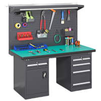 戴劲重型防静电工作台钳工台维修间操作台2.1米五抽一门+双挂板工业灰