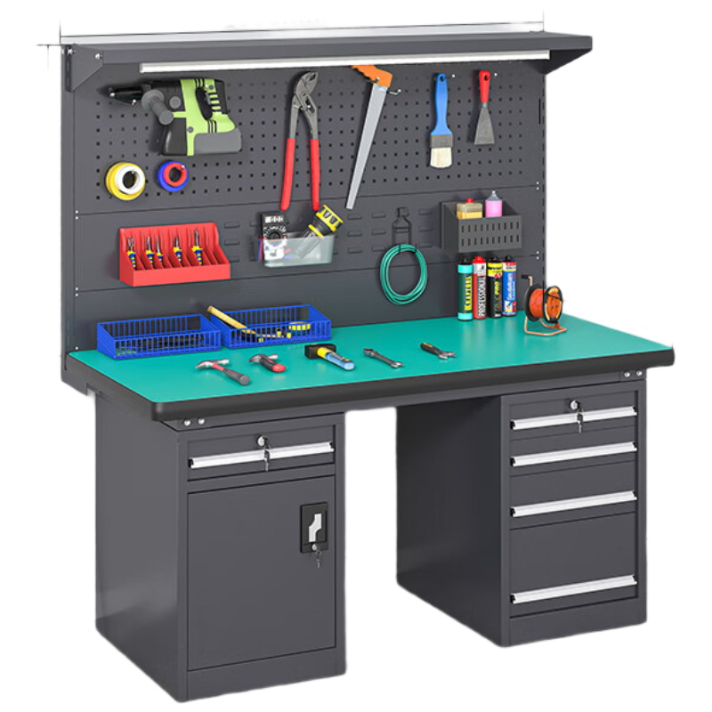 锦北重型防静电工作台钳工台维修间操作台1.5米五抽一门+双挂板工业灰