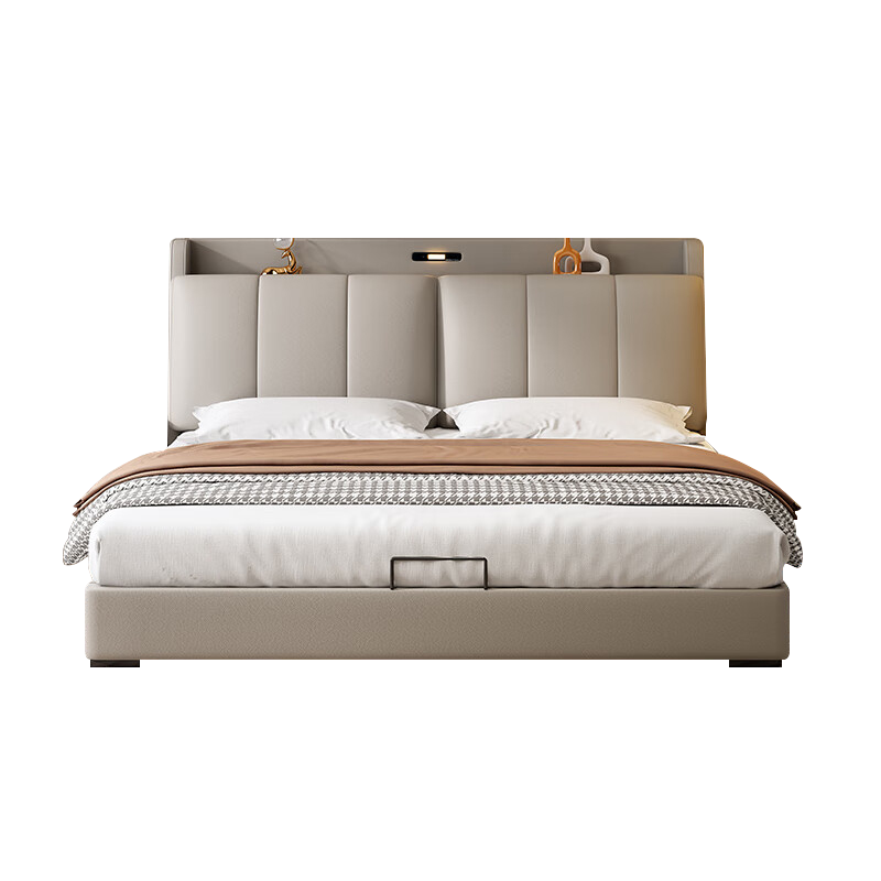北欧真皮床轻奢现代简约双人床钢琴键奶油风储物床主卧室软包婚床