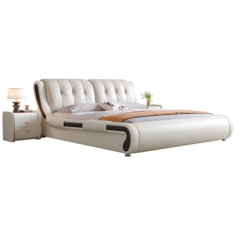 北欧真皮床轻奢现代简约双人床主卧榻榻米实木储物床家用软包婚床