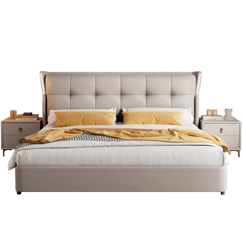 意式纳帕真皮床轻奢现代简约双人床主卧室实木储物床家用软包婚床