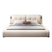 北欧真皮床轻奢现代简约双人床主卧榻榻米实木可储物床家用软包婚床