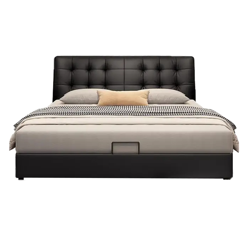 意式真皮床主卧室现代简约双人床小户型家用储物床黑色软包大婚床
