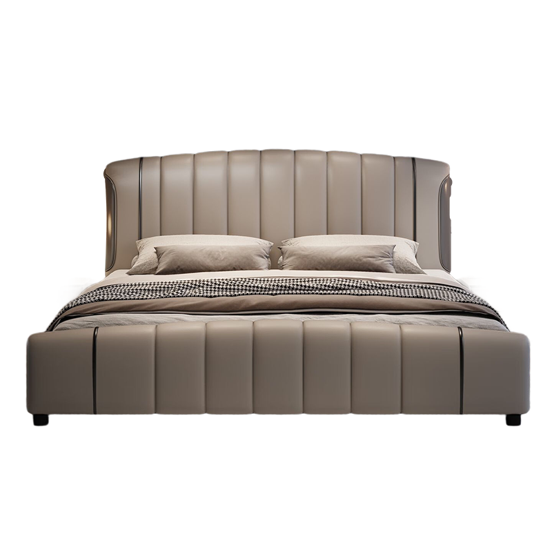 意式真皮床轻奢现代简约双人床主卧小户型实木储物床家用软包婚床