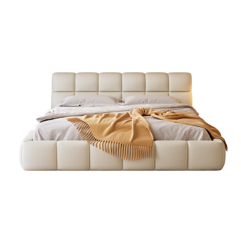 奶油风真皮床轻奢现代简约双人床主卧室实木泡芙床家用软包储物床