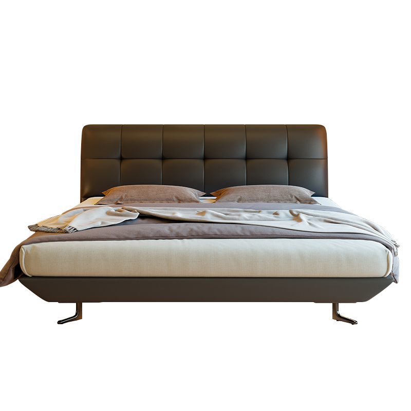 意式真皮床轻奢现代简约双人床主卧室黑色婚床家用软包实木储物床