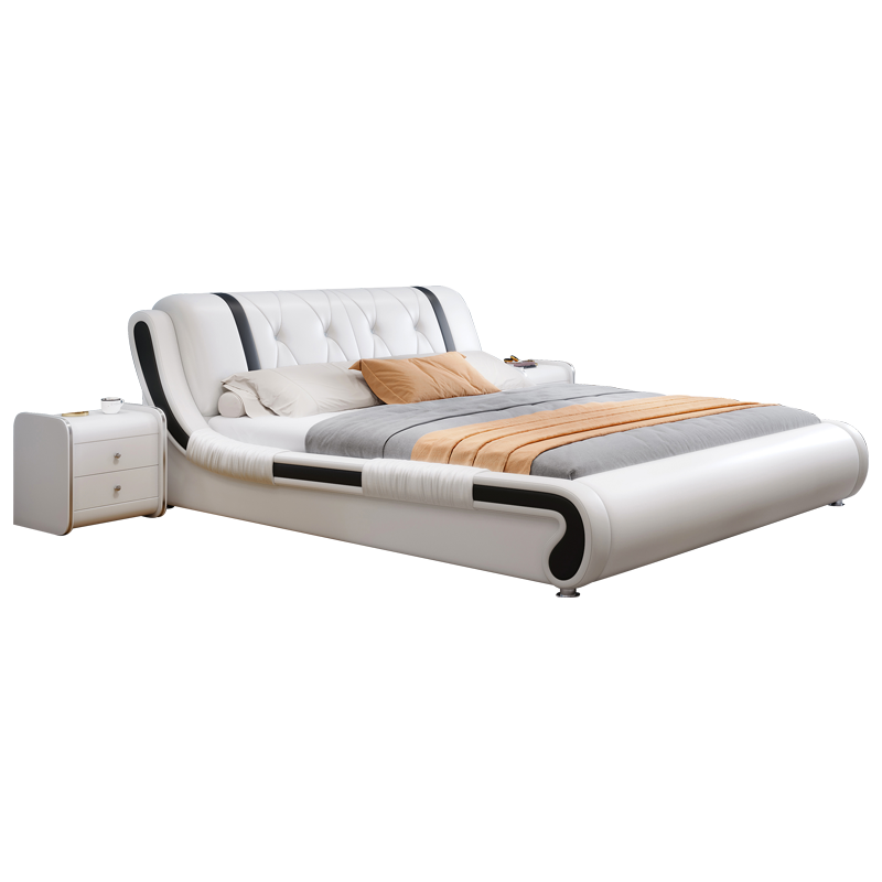 北欧真皮床现代简约主卧室双人床榻榻米轻奢小户型储物床软包婚床