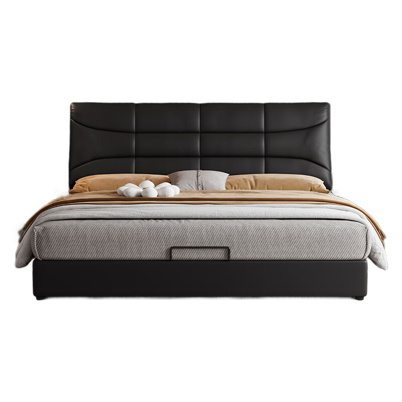 意式真皮床轻奢现代简约双人床主卧室实木储物床家用软包泡芙婚床