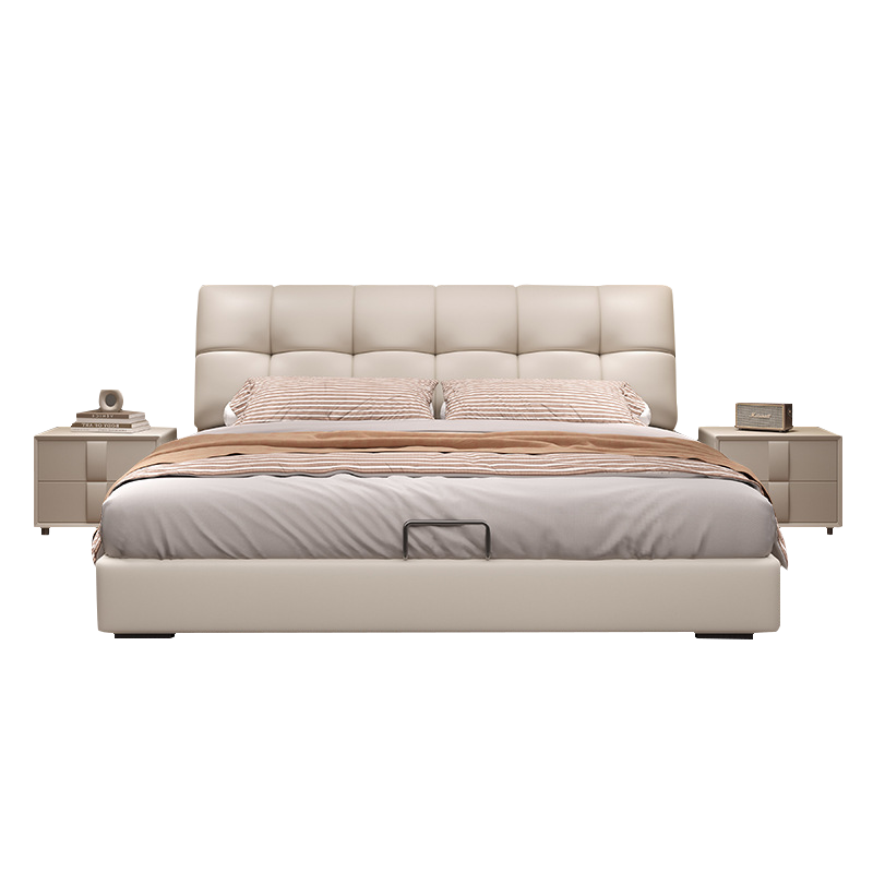 法式奶油风真皮床轻奢现代简约双人床主卧室实木储物床软包大婚床
