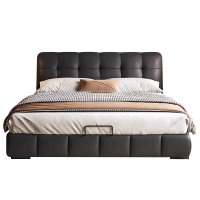 意式真皮床轻奢现代简约双人床主卧室黑色储物床家用软包实木婚床