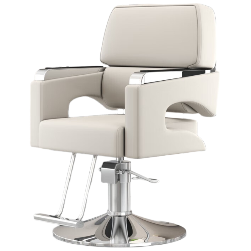 锦北理发椅美发凳发廊专用升降旋转可放倒剪发椅米白色上座-银色圆盘