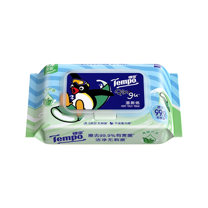 [得宝×Pingu企鹅联名]Tempo得宝芦荟湿厕纸40片单包装 天然芦荟精华家用厕所擦屁屁专用湿厕纸丢入马桶可冲散