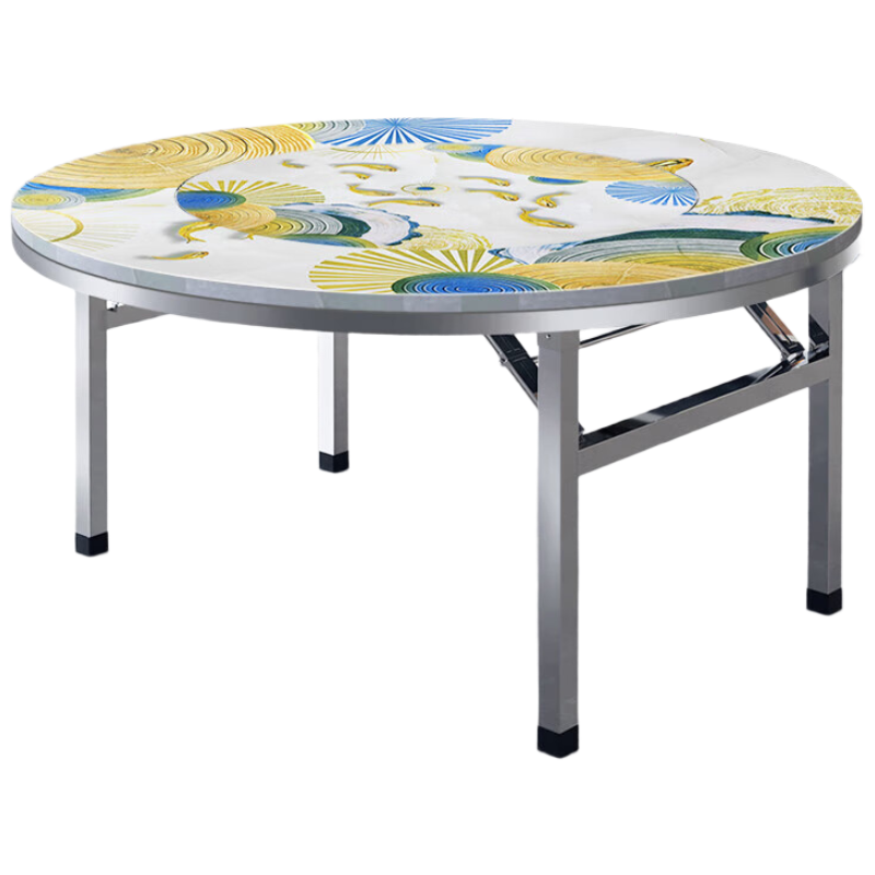 戴劲不锈钢内置转盘圆桌折叠桌带转盘1.18米内置0.8转盘全彩财运金鲤